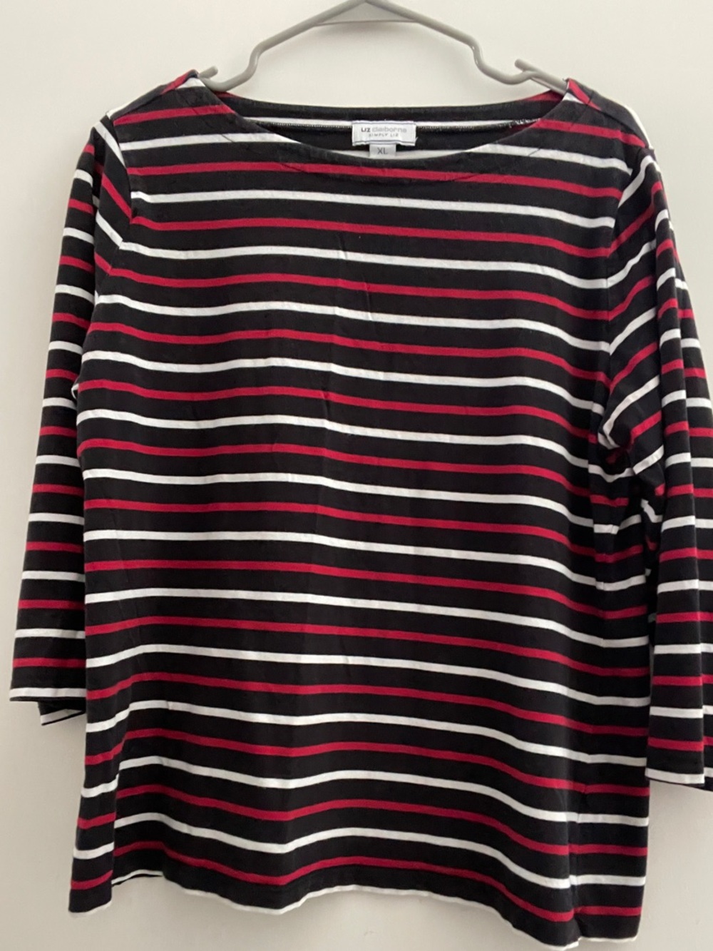 Liz Claiborne Black, White & Red Striped Boatneck Top